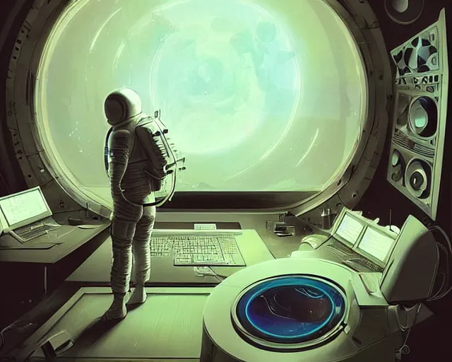 Prompt: an astronaut in a recording studio, looking at a glowing computer screen, using synthesizer, trending on cgsociety, [ zero - gravity ]!!, [ everything is floating ]!!!, illustrated by greg rutkowski, [ digital art, synthwave art style ]!!, golden ratio!!, centered!!