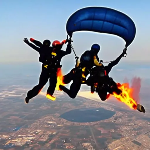 Prompt: People skydiving out of an open airplane door into flames
