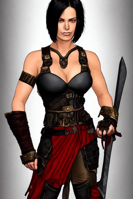 Prompt: realistic character portrait : female warrior, 2 7 years old. her face resembles jaimie alexander. her hair is short, straight, and raven black. she is fair - complected but tan. she is tall and gracile, except for her thick muscular arms and her ample bust. she wears sleeveless red & black practical leather armor with golden highlights that leaves only her muscular arms exposed.