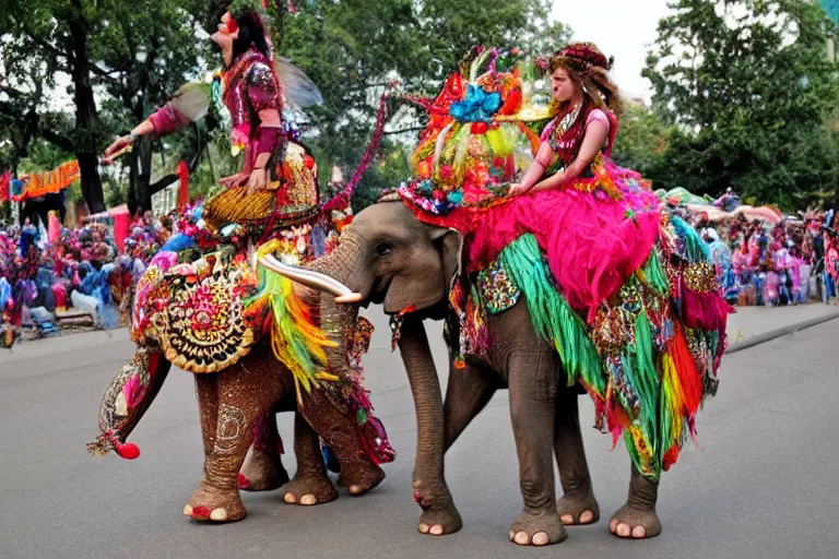 Prompt: bohemian fairy riding an elephant in an Indian parade