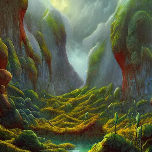 Prompt: digital painting of a lush foggy natural scene on an alien planet by gerald brom. digital render. detailed. beautiful landscape. colourful weird vegetation. cliffs and water.