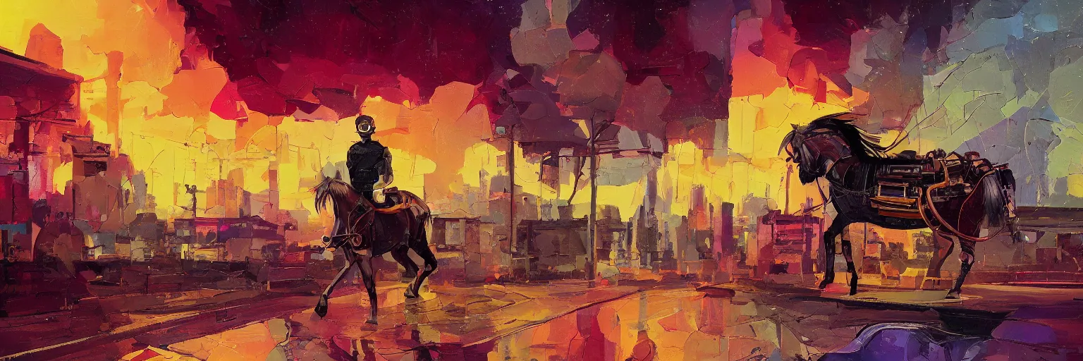 Image similar to a graph style gauche impasto, the horse is not mine, steampunk, art by james gilleard, cgsociety, vintage, city scape, retrofuturism, retrowave, outrun, hyper realistic.