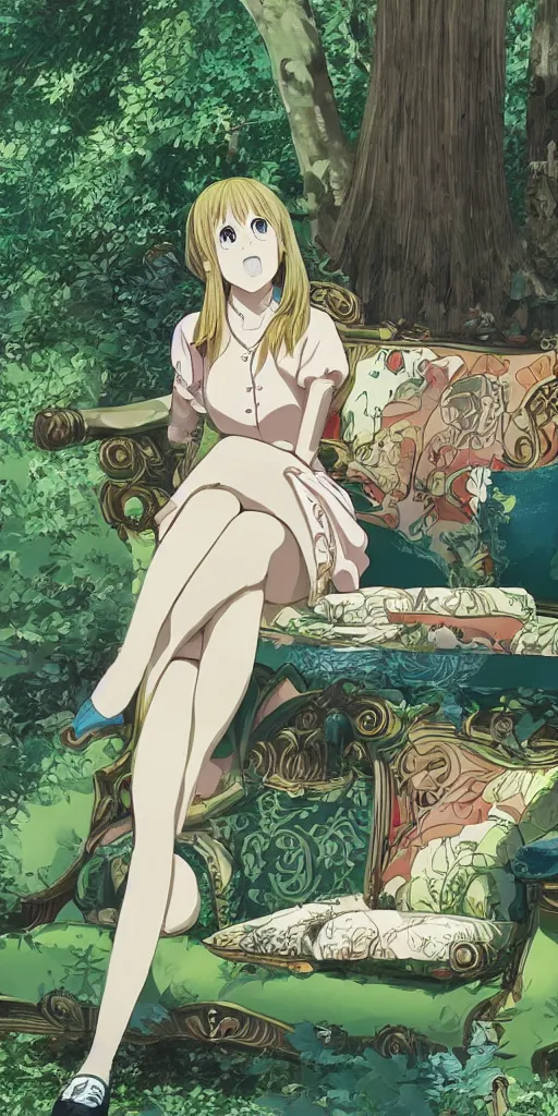 Image similar to the queen of good vibes sitting by herself on a sofa in a forest, drawn by CloverWorks, intricate detail