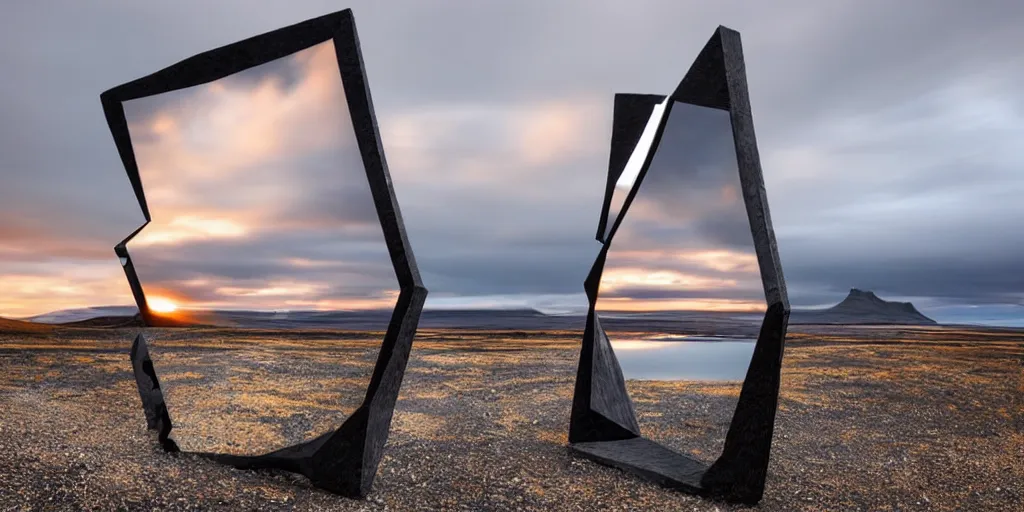 Image similar to futuristic angular minimalist sculpture made from deconstucted charcoal wood and mirrors, refracted, floating, iceland landscape photography sunset, by lurie belegurschi and gunnar freyr