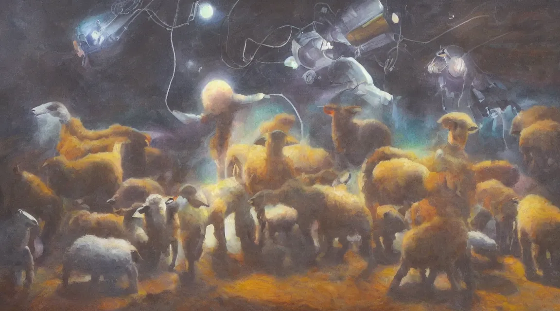 Prompt: do the androids dreams with electric sheeps, Philip K. D. ,oil painting, illustration style