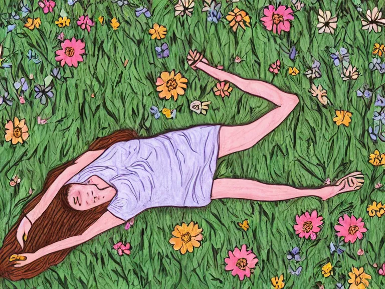 Image similar to drawing of girl laying down in the lawn full of flowers that smells like honey amongst forest with her soul connected to the nature around her