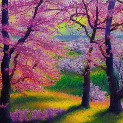 Image similar to an artwork of a landscape of a sakura forest, multicolored
