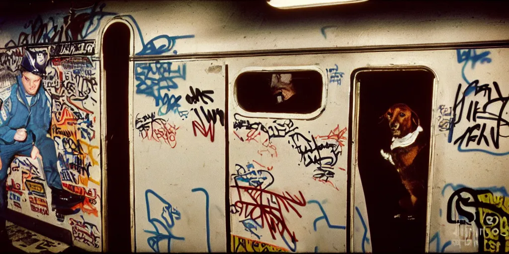 Image similar to new york subway cabin 1 9 8 0 s inside all in graffiti, 1 9 8 0 s policeman with the k - 9 dog, coloured film photography, christopher morris photography, bruce davidson photography