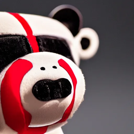 Image similar to robot black teddy bear with red eyes, face close up, realistic, highly detailed, studio photo, dark lighting