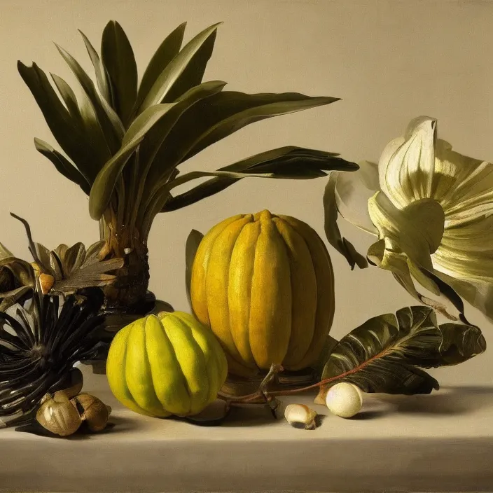 Prompt: still life painting of exotic alien plants by pieter claesz, oil on canvas, strong lighting, highly detailed, hyper realism, golden hour, god rays, hd, 4 k