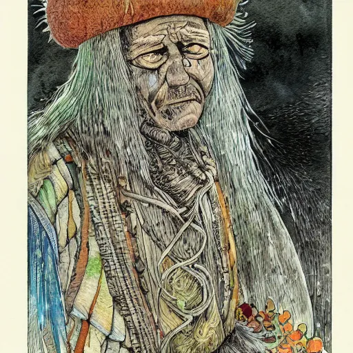 Image similar to very old shaman burns from inside, old gray haired mexican mage close his eyes no pain, watercolor ink painting, in the style of jean giraud, in the style of moebius, detailed realistic hd 8 k high resolution