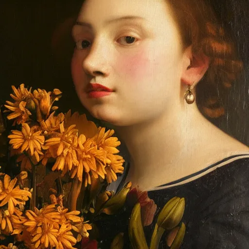 Prompt: a closeup portrait of one beautiful young woman surrounded by flowers, painted by diego velazquez and rachel ruysch, hyperreal, dark, dramatic lighting, analogous complementary colour scheme