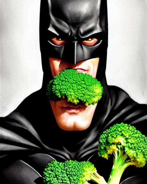 Image similar to Close-up stunning portrait of Batman eating broccoli, digital painting, concept art, highly detailed, digital painting, Trending on Artstation, 8K, by artgerm and greg rutkowski and alphonse mucha