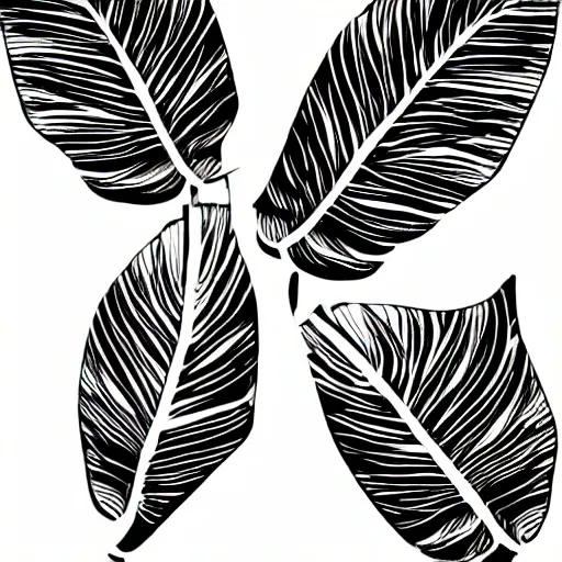 Prompt: amazing svg sticker art of a banana leaf, View, svg illustration, black and white, Sticker Art