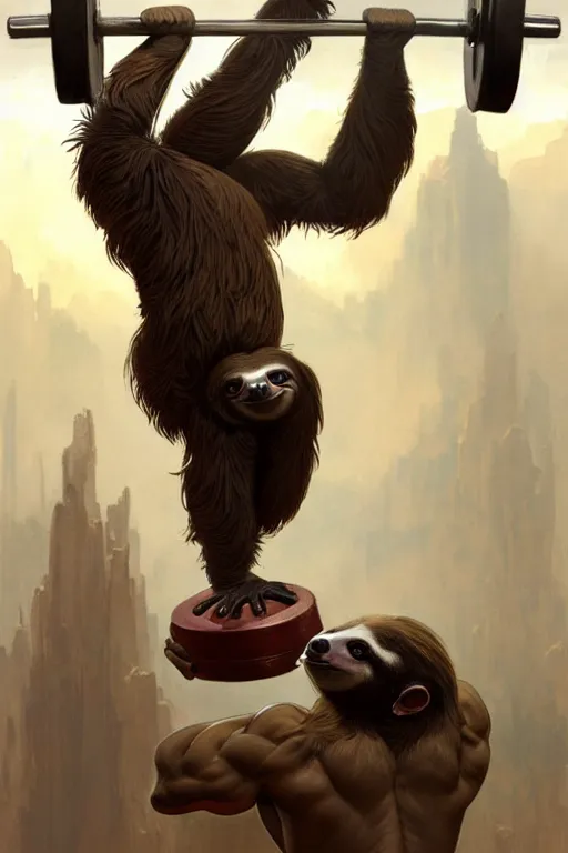 Image similar to anthro sloth lifting weights, dim dingy gym, dynamic pose, fantasy, intricate, elegant, highly detailed, digital painting, artstation, concept art, matte, sharp focus, illustration, art by artgerm and greg rutkowski and alphonse mucha