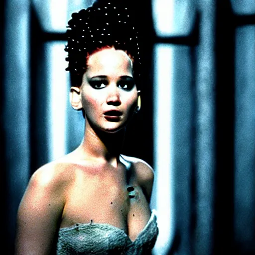 Prompt: jennifer lawrence as the bride of frankenstein, color photography, sharp detail, confused, still from the movie underworld