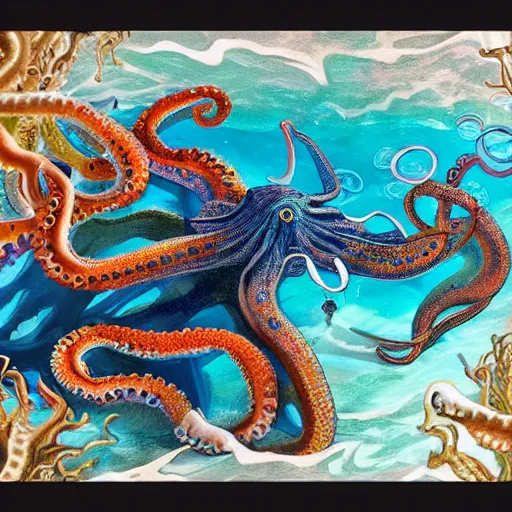 Prompt: confluence of aquatic wild life. octopus, fish, coral, fantasy, painting, detailed, paid artwork, portfolio, intricate lighting
