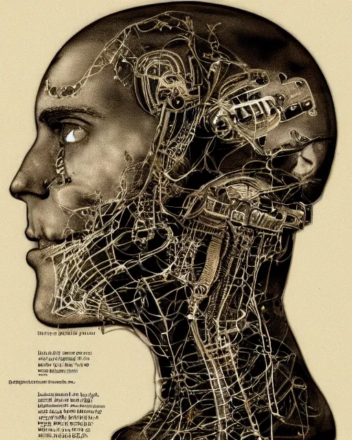 Image similar to intricate machinery in a human head. antique cyborg almacan pierre matter organic mechanical hybrid louis poyet