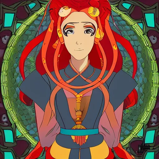 Image similar to anime art nouveau portrait of Fire Lady Katara in the style of JM Animation, symmetrical