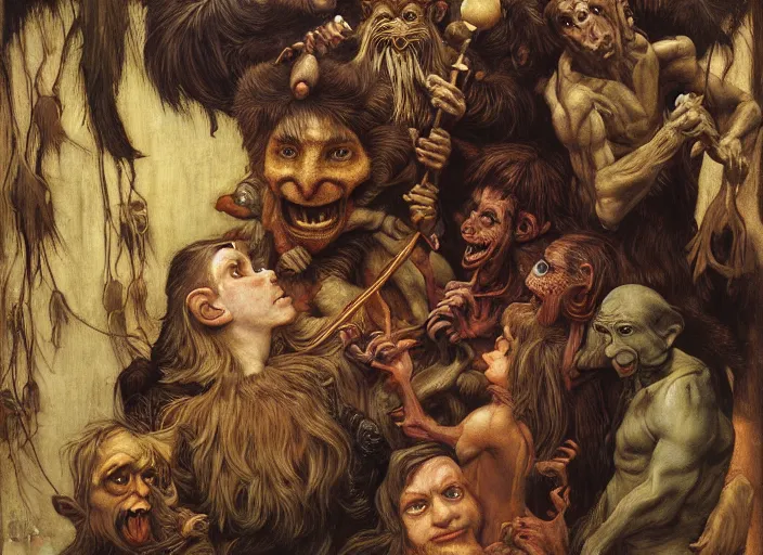 Prompt: jim henson's labyrinth. five goblins. by edgar maxence and caravaggio and michael whelan and delacroix style, artistic