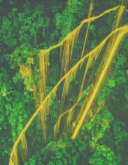 Image similar to vintage color photo of aerial view of a giant 1 1 0 million years old abstract structure made of light beams and liquid gold covered by the jungle vines