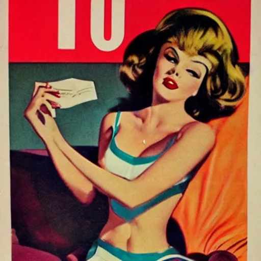 Prompt: 1960s pulp book cover featuring a pinup of a stunningly beautiful woman