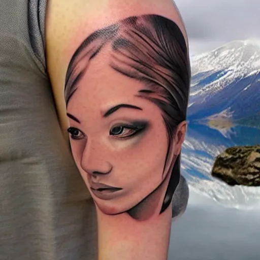 Prompt: tattoo realism design of a beautiful girl next to a mountain scenery, hyper realistic