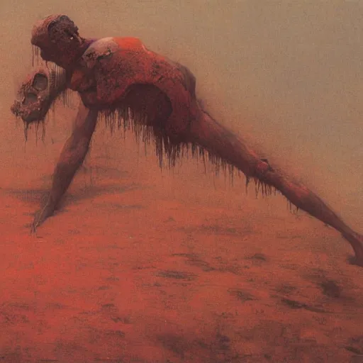 Prompt: dead giant lying on the ground, by Beksinski