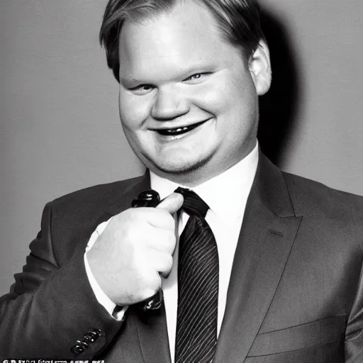 Image similar to Andy Richter is wearing a chocolate brown suit and necktie. Andy is standing inside a bathtub with the shower running over him. The suit and necktie are soaking wet.