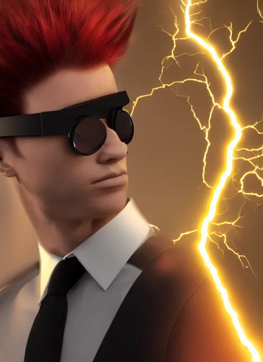 Prompt: photorealistic young man with red spiked long hair, using googles. Wearing black waistcoat, white shirt. dynamic lightning.