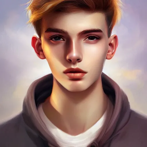 Prompt: colorful Captivating teenage boy with brown blond short quiff hair and thin slightly round facial structure with cleft chin, bumpy nose, good definition of cheekbones, Alert brown eyes, narrow face, slim body, atmospheric lighting, painted, intricate, 4k, highly detailed by Charlie Bowater