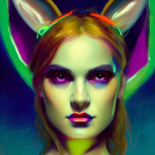 Image similar to painted close - up portrait of a neon sensual bunny girl. oil painting, wearing neon attire, fantasy art by greg rutkowski and john singer sargent and gaston bussiere, demon noble character design