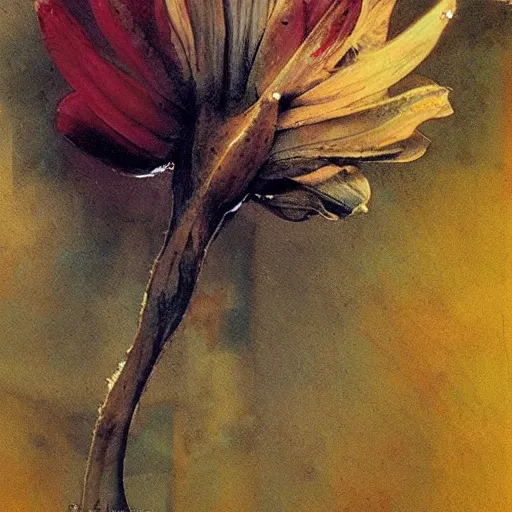 Image similar to bleak by peter andrew jones pearlescent. the mixed mediart is a beautiful & haunting work of art of a series of images that capture the delicate beauty of a flower in the process of decaying. the colors are muted & the overall effect is one of great sadness.