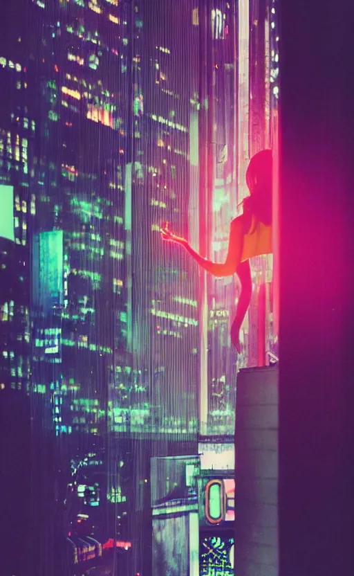 Image similar to vertical phot, girl in 7 0's retro club, editorial, fashion, neon - decorated urban on night in the city seen through the window, modern architecture design, vintage, night, blade runner, dark, clean lines, asian futuristic city at distance, big windows, octane, wide angle