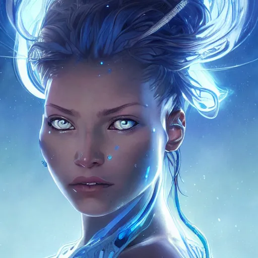 Image similar to cyborg, female, fantasy, bioluminiscence, flowing hair, portrait, highly detailed, digital painting, beautiful eyes, symmetry, concept art, sharp focus, illustration, art by artgerm and greg rutkowski and magali villeneuve and ilya kuvshinov! : : alphonse mucha : : - 0. 2