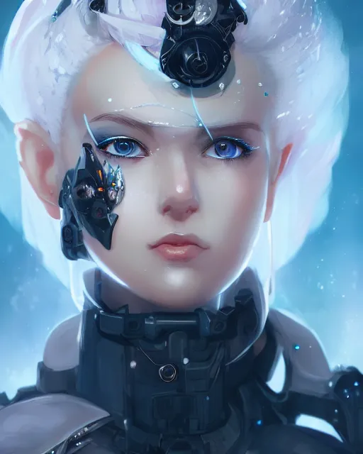 Image similar to cyborg girl with white hair and black skirt, flower decorations, dreamy, beautiful illustration, scifi, atmosphere, top lighting, blue eyes, focused, perfect composition, artstation, highly detailed, art by yuhong ding and chengwei pan and serafleur and ina wong