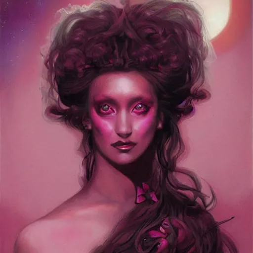 Image similar to portrait of princess of the dreamlands and moon beast, beautiful! coherent! by brom, deep colors, red maroon purple pink black, strong lines, rule of thirds