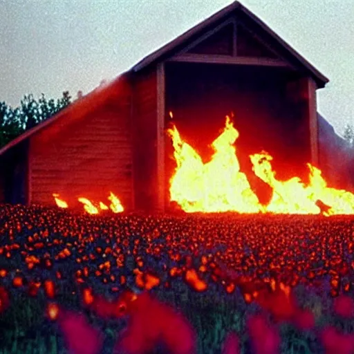 Prompt: vhs 1 9 8 0 s footage of a scene from the movie midsommar a - line shaped wooden building on fire, field of flowers