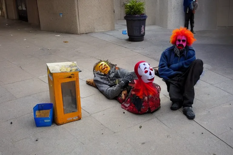 Image similar to a clown trying to make a homeless guy happy