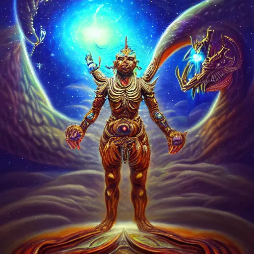 Image similar to god of monsters metaverse made of ancient magic technology, galactic nebular astral realm sacred journey in oil painting, trending on artstation, award winning, emotional, highly detailed surrealist art