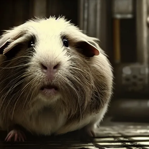 Image similar to guinea pig in gears of war, splash art, movie still, detailed face, photorealistic facial features, cinematic lighting, dramatic, octane render, long lens, shallow depth of field, bokeh, anamorphic lens flare, 8 k, hyper detailed, 3 5 mm film grain