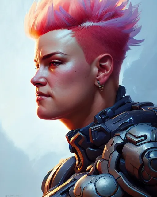 Prompt: zarya from overwatch, character portrait, concept art, intricate details, highly detailed by greg rutkowski, michael whelan and gustave dore