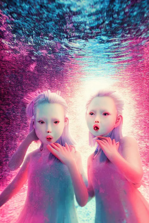 Image similar to 3d realistic dramatic infrared photo of two schoolgirls sisters with a realistic cute face fighting in a dark subway station under water in Japan. Close-up portrait. There are pink palm trees and translucent glow jellyfish flying around. Volumetric composition. Pastel colors in the style of Hiro Kiyohara, redshift, octane, trend artstation, cinematic, hyper realism, high detail, 8k