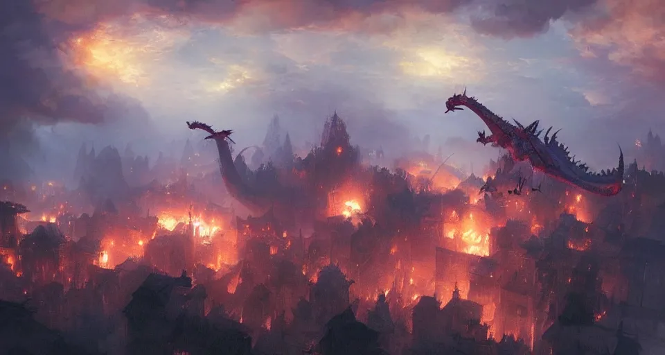 Image similar to book illustration of flying dragon above the village. Burning houses dragon fire breath. Atmospheric beautiful by Eddie mendoza and Craig Mullins. volumetric lights