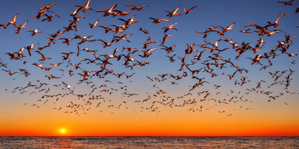 Prompt: seagulls flying over the ocean during the sunset as the sand twinkles, realistic