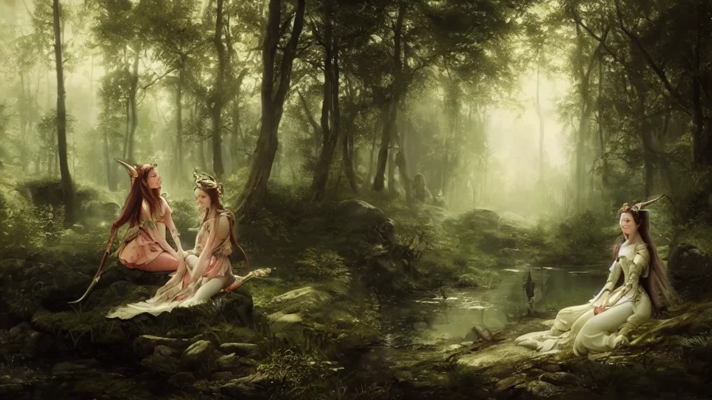 Image similar to elven princess sitting with sun wukong in the melancholy forest. andreas achenbach, artgerm, mikko lagerstedt, zack snyder, tokujin yoshioka