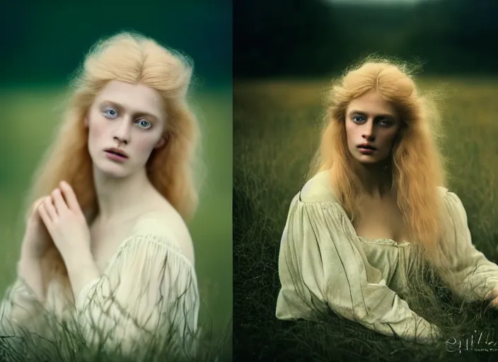 Prompt: cinestill 5 0 d photo of a pre - raphaelite blond beautiful woman, dreamy mood, fine art photography in style of gilles zimmermann, 1 5 0 mm, f 1. 2, emotionally evoking, head in focus, stormy clouds outdoor, matt mute colour background, volumetric lighting, hyper realistic, ultra detailed