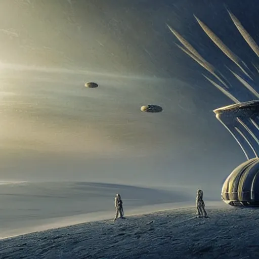 Prompt: scene from dune 2 0 2 1 movie, hr giger artlilery spaceship lands in an alien landscape, filigree ornaments, volumetric lights, micheal whelan