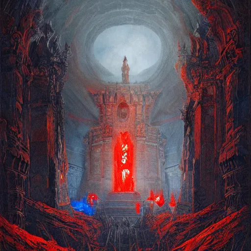 Prompt: the holy castle of Hades, hellish, bright in fury, red and blue, with demon statues, hyperdetailed, artstation trending, world renowned artists, worth1000.com, historic artworks society, antique renewel, cgsociety, by greg rutkowski, by Gustave Dore, Deviantart