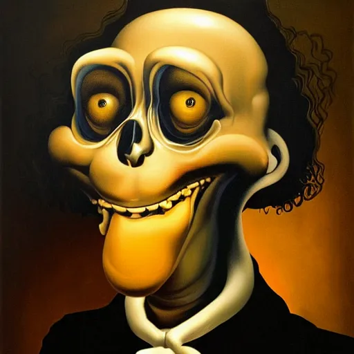 Image similar to oil painting with black background by christian rex van dali todd schorr of a chiaroscuro portrait of an extremely bizarre disturbing mutated man with acne intense chiaroscuro obscuring features lighting perfect composition masterpiece